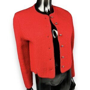 Vtg Eagle Eye Red 100% Boiled Wool Fitted Cardigan Sweater Gold Buttons Sz 8